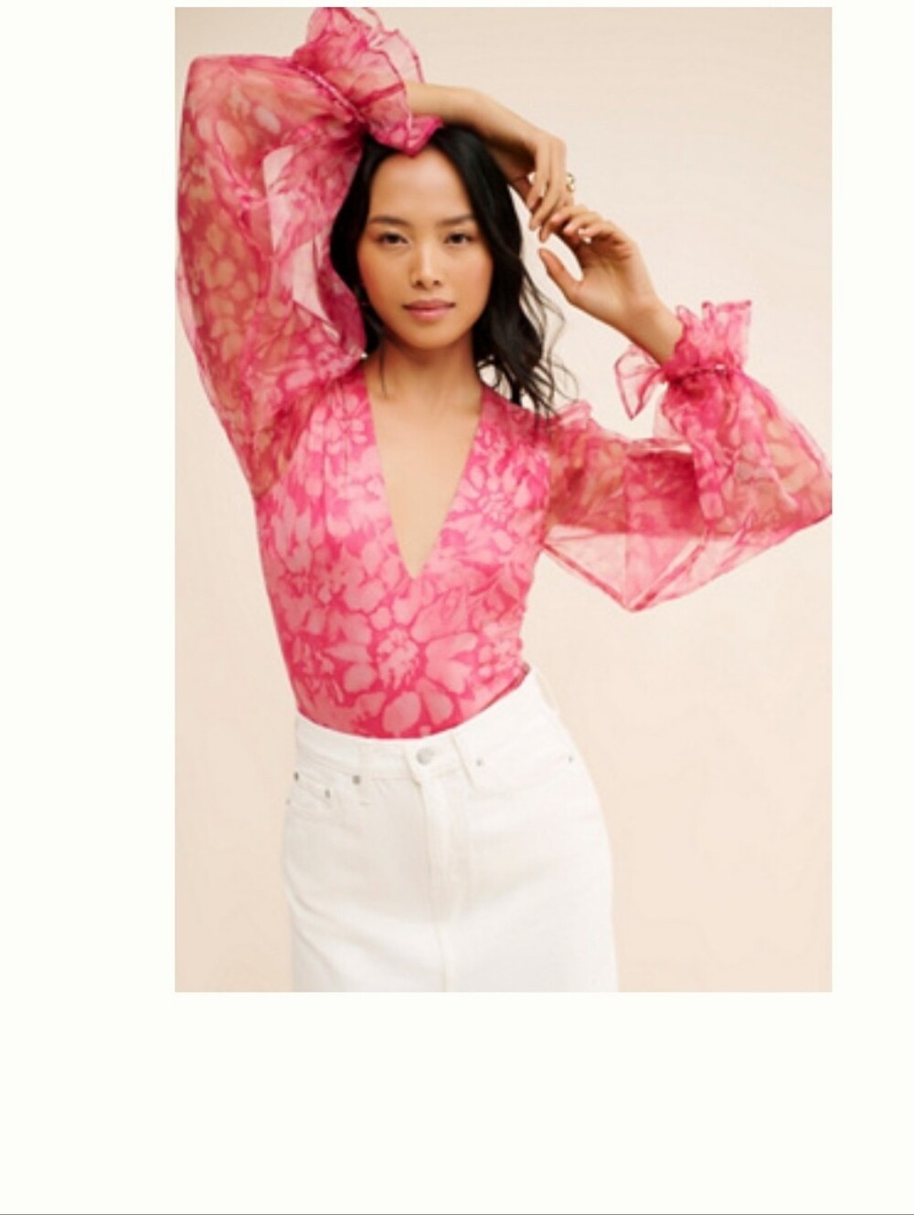 Kutch By Anthropologie Sheer Floral V-Neck Pink Bodysuit Sz M